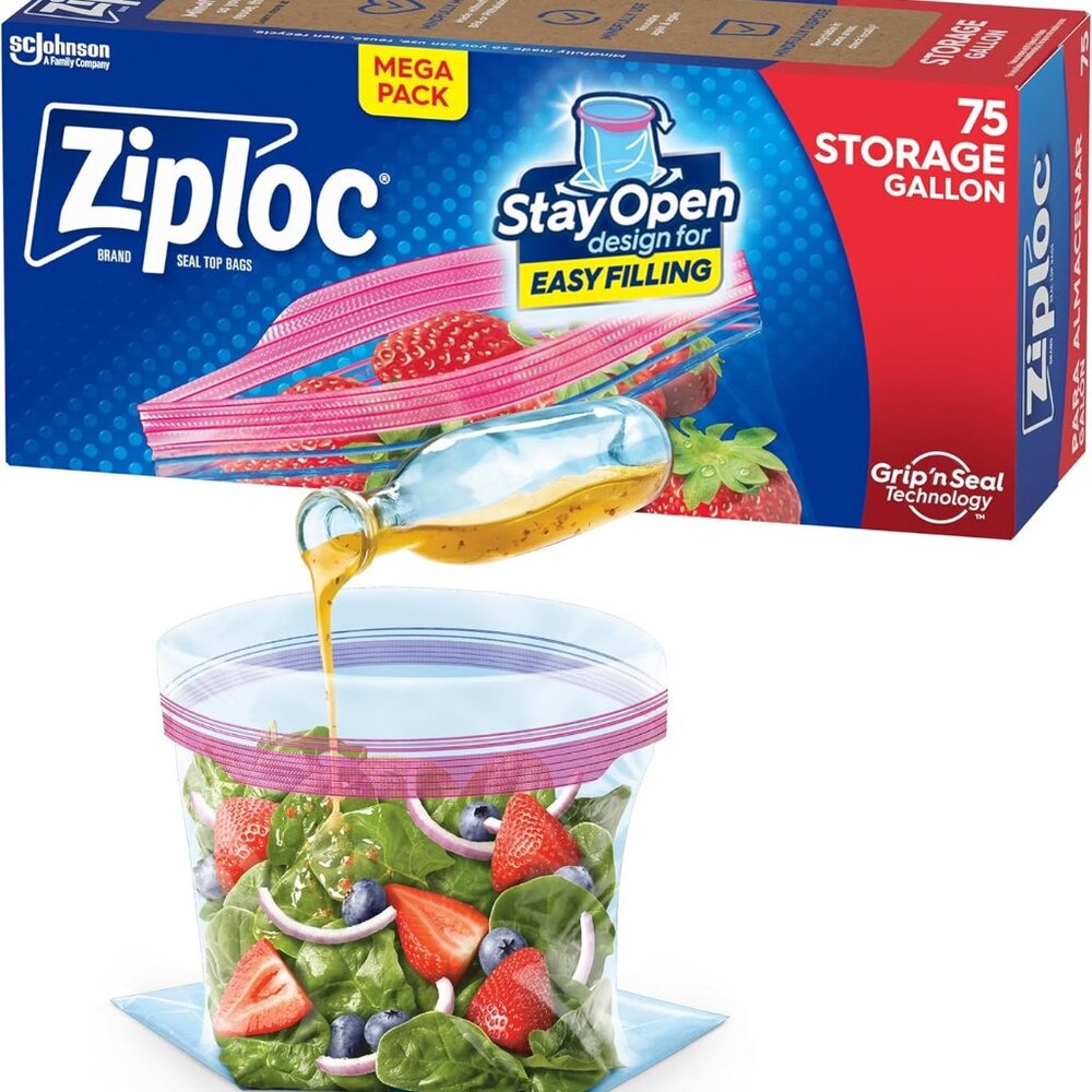 Ziploc Gallon Food Storage Bags, Stay Open Design with Stand-Up Bottom, 75 Count